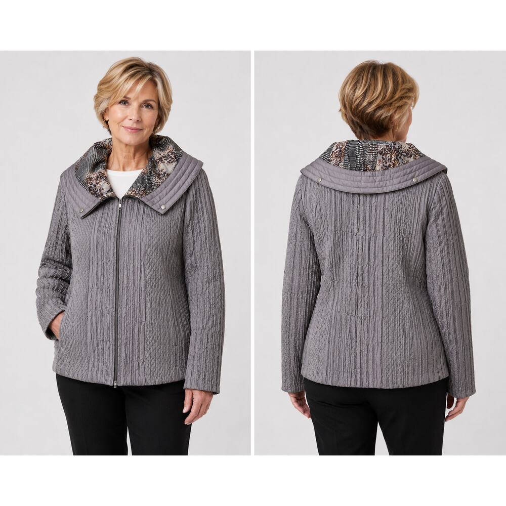 LINDI Women’s Reversible Jacket XL Gray Textured Plaid Wide Collar Coat EUC